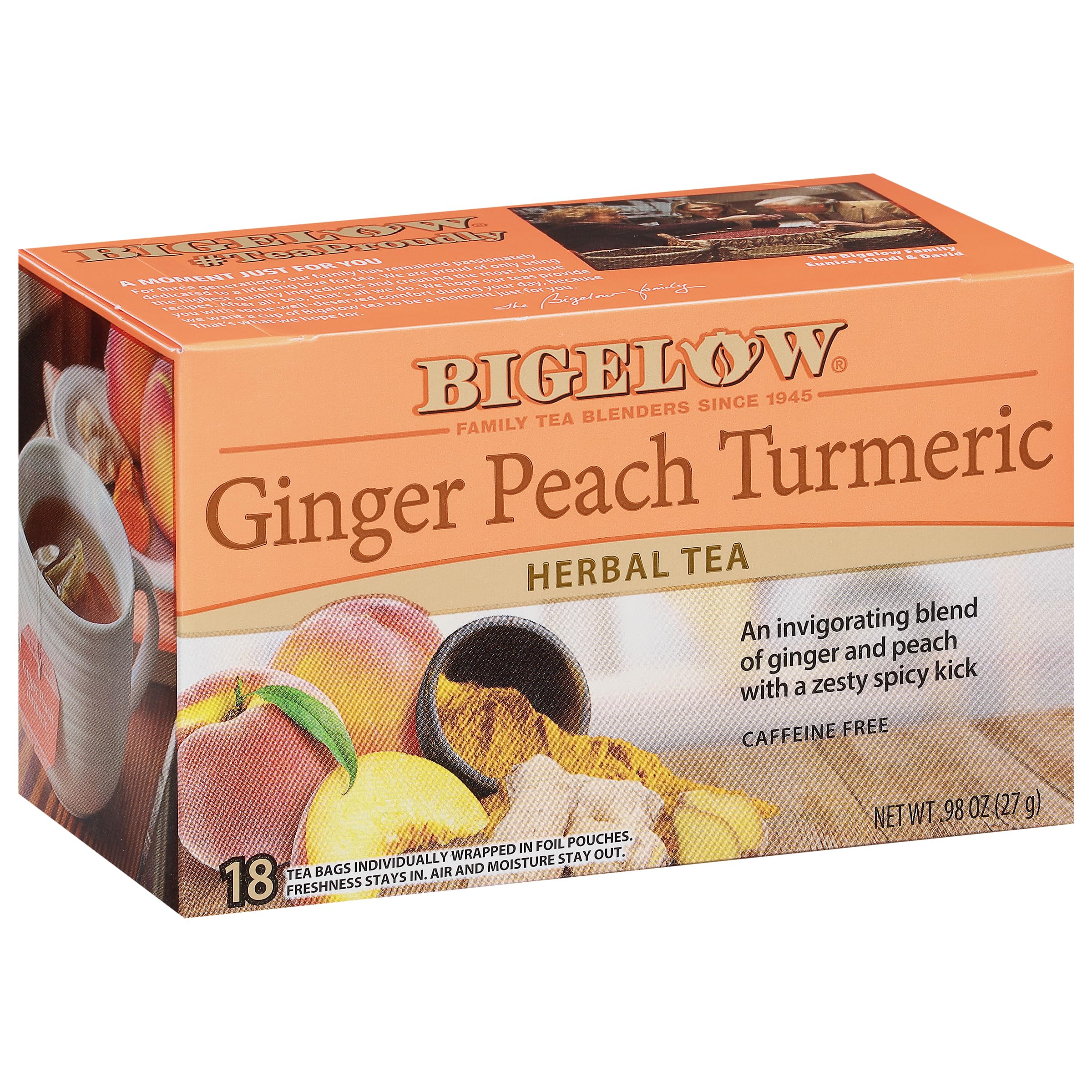 Bigelow Ginger Peach Turmeric Herbal Tea box ready for a cozy cup