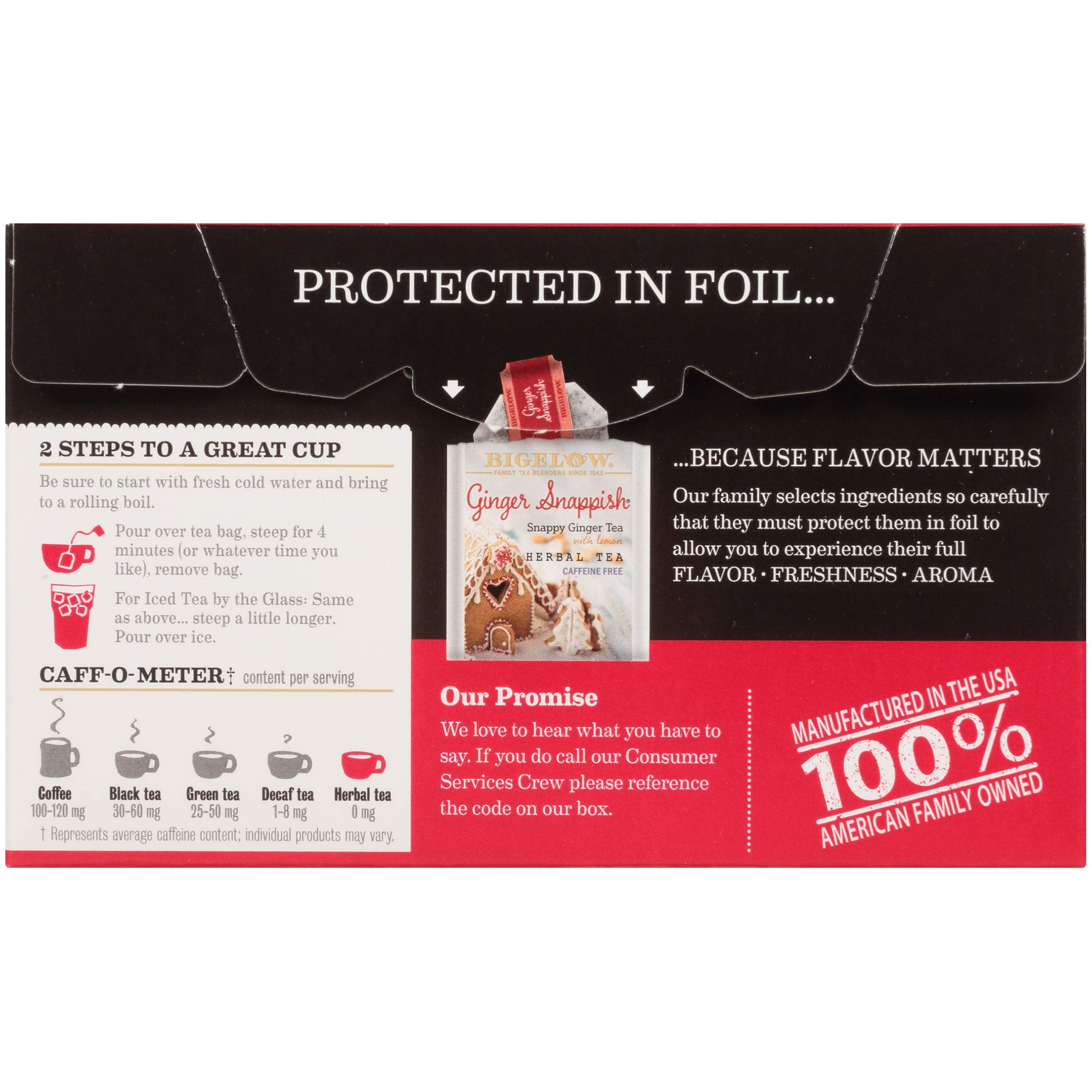 Individually wrapped Bigelow Ginger Snappish tea bags preserve flavor