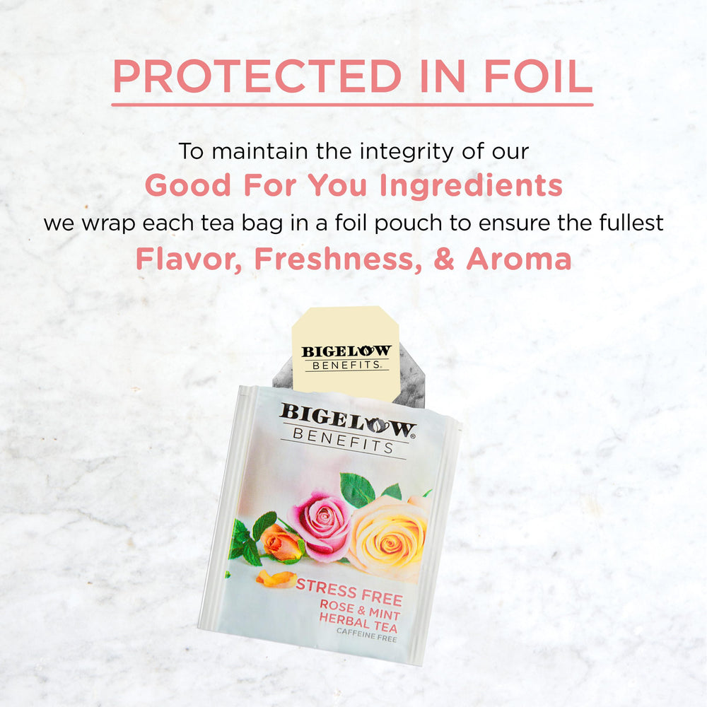 Gluten-free, non-GMO, kosher-certified Bigelow tea label on packaging