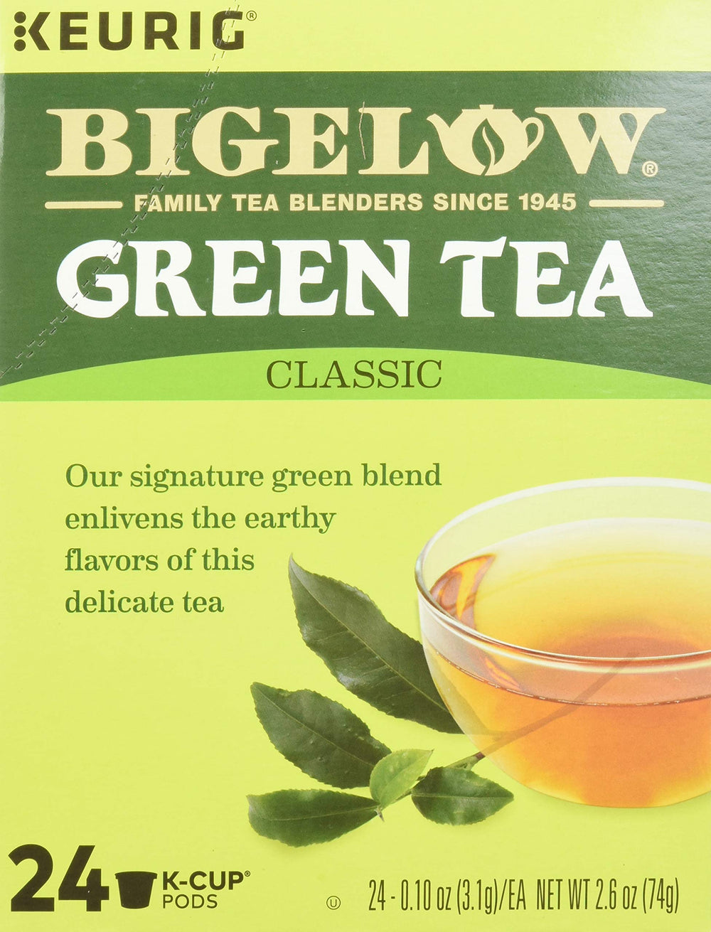 Bigelow Green Tea K-Cup pod closeup, shows delicate texture and quality leaf.