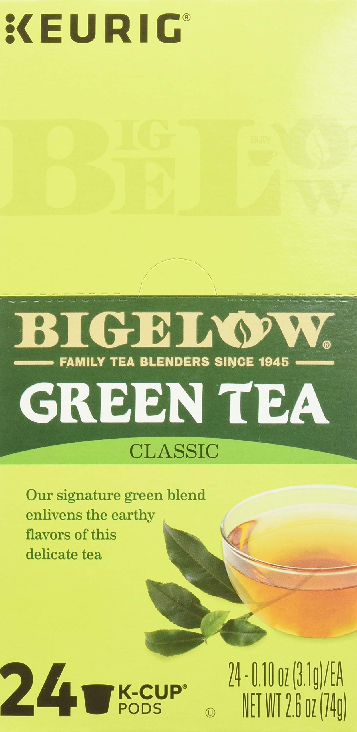 Bigelow Green Tea K-Cup pod label, Kosher and caffeine present.