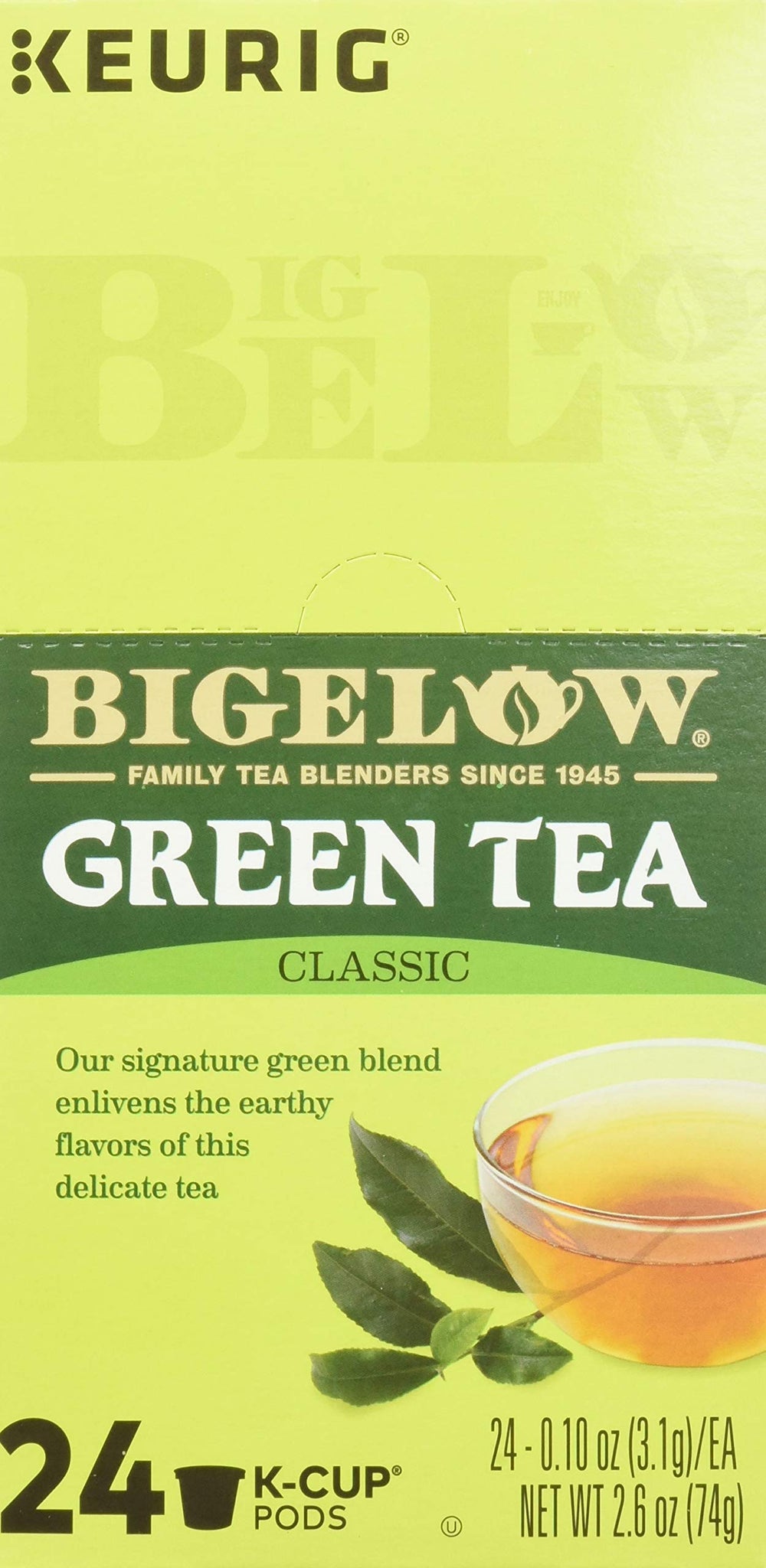 Bigelow Green Tea K-Cup pod label, Kosher and caffeine present.