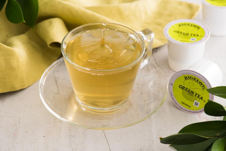 Brewing Bigelow Green Tea K-Cup pods into a hot cup for a smooth, convenient tea.
