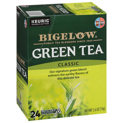 Bigelow Green Tea K-Cup pods in a four-pack box for quick brewing.