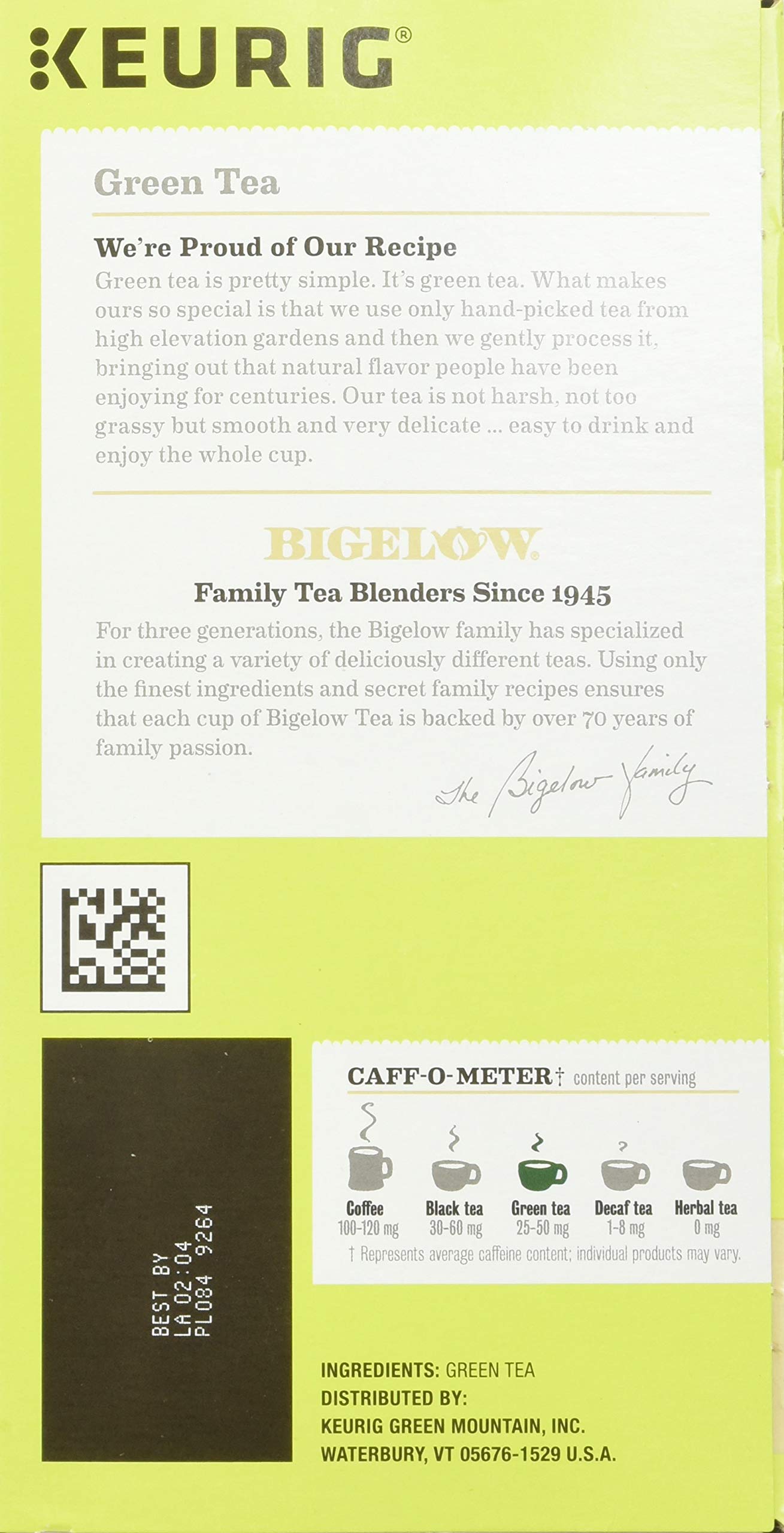 Bigelow Green Tea Keurig brewing cup, steam rising for a smooth, refreshing cup.