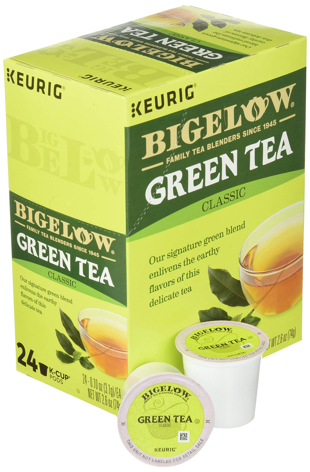 Bigelow Green Tea Keurig pods side view, compact packaging for organized pantry.