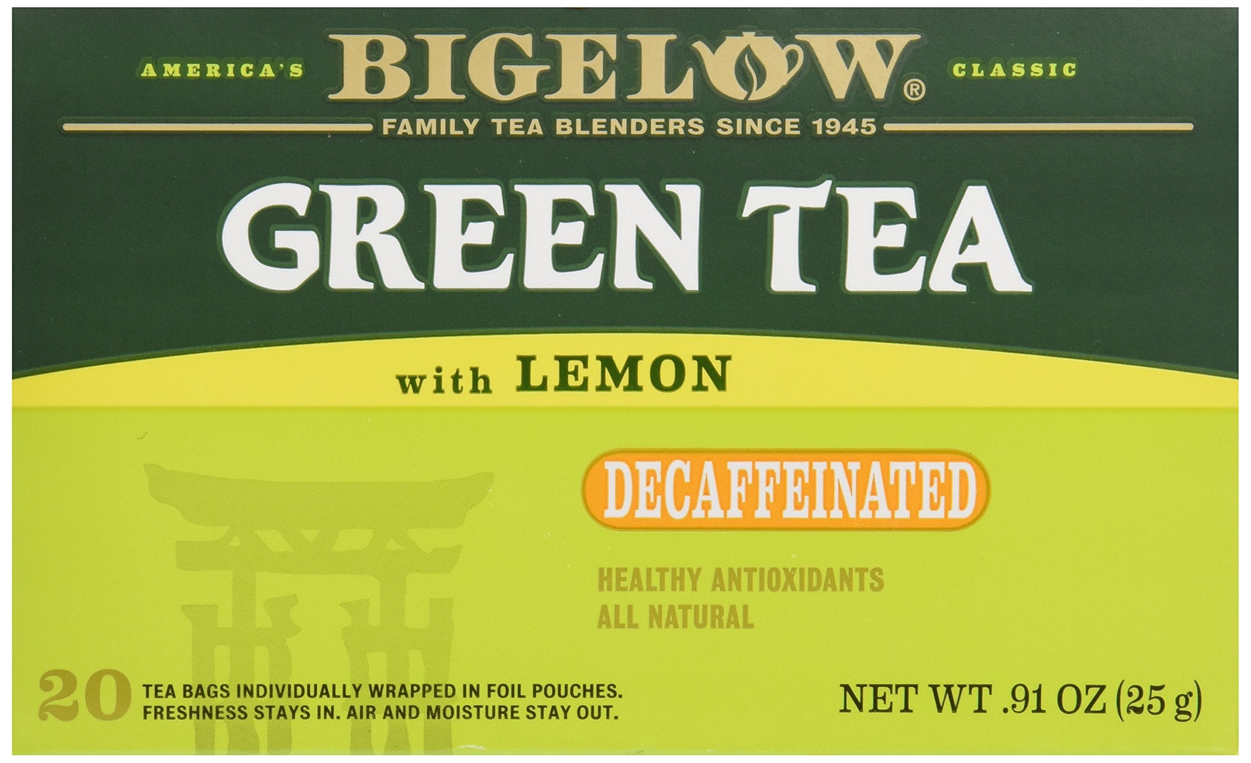 Bigelow Green Tea with Lemon Decaf 20-count box for afternoon refreshment.