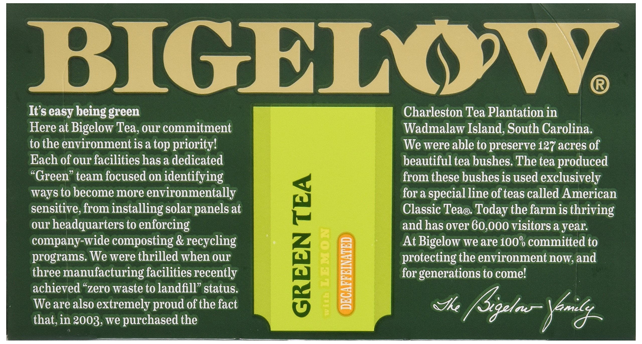 Kitchen scene featuring Bigelow Green Tea with Lemon Decaf packaging.