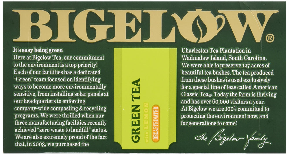 Kitchen scene featuring Bigelow Green Tea with Lemon Decaf packaging.