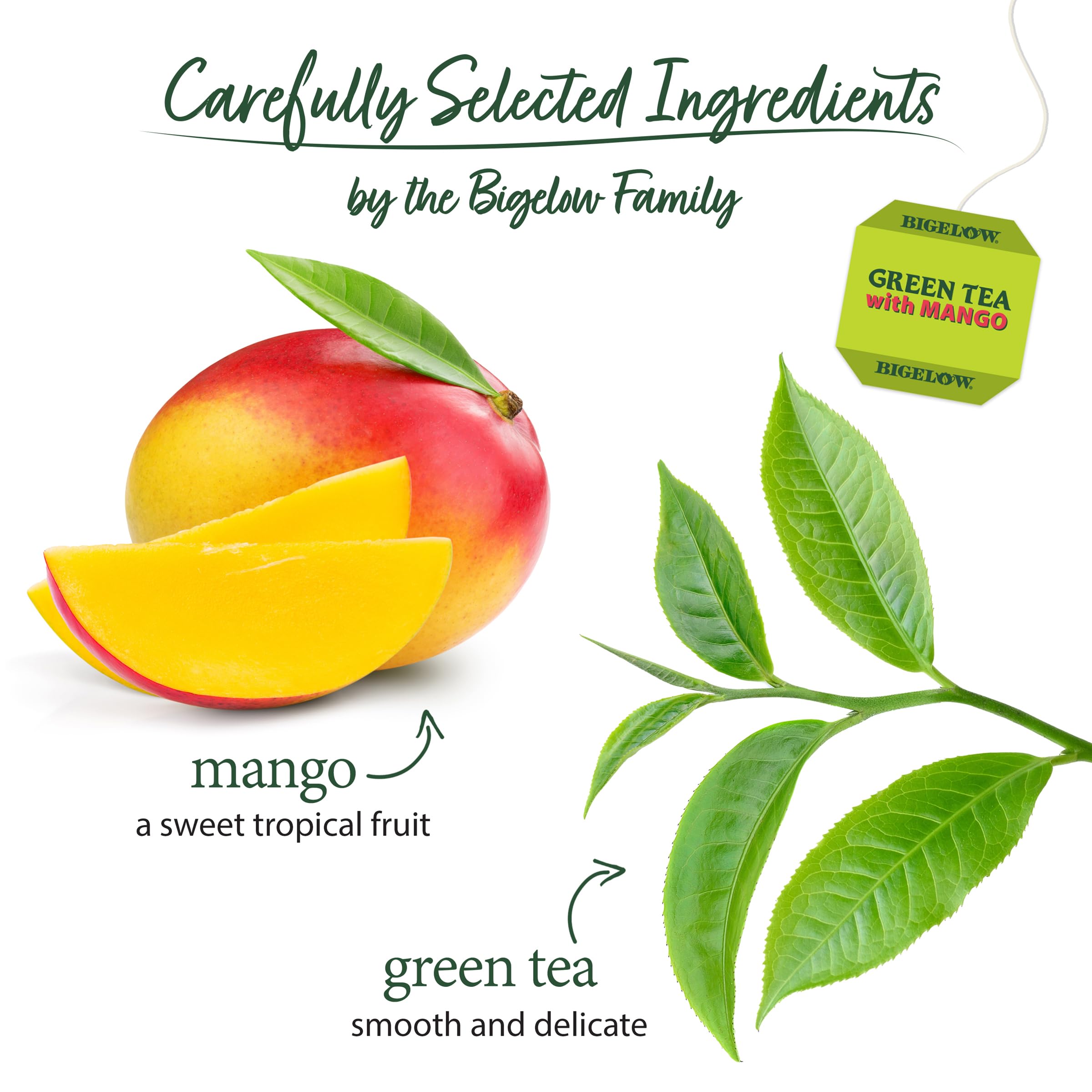 Bigelow Green Tea with Mango box shown, six-pack packaging for home or office.