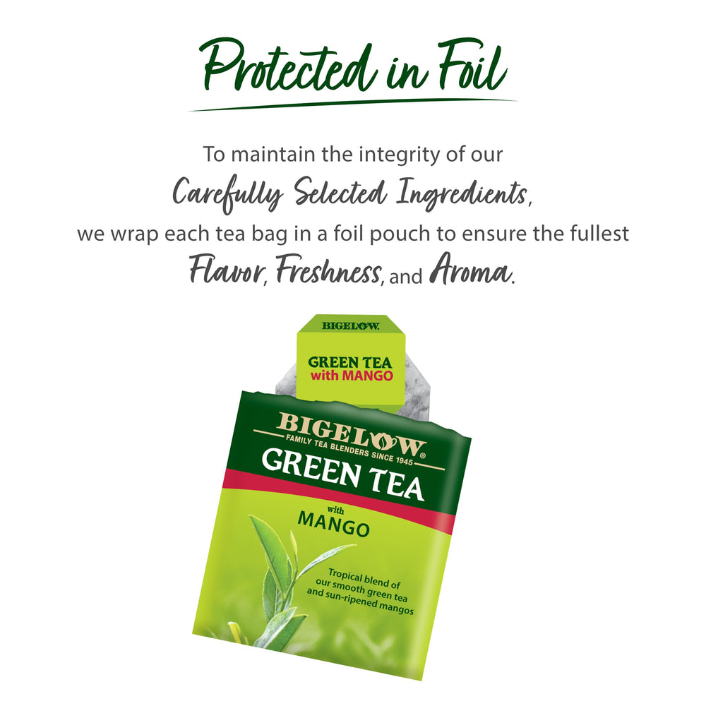 Green tea with mango ingredients visual highlight real mango and tea leaves.