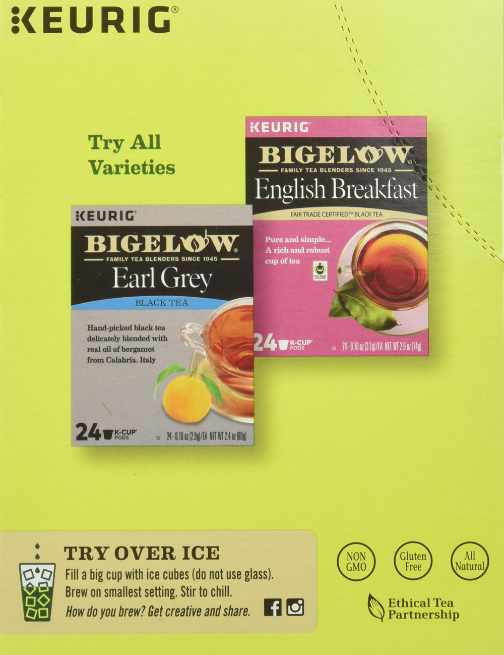 Bigelow Green Tea packaging box, 24-count display ready for shelves.