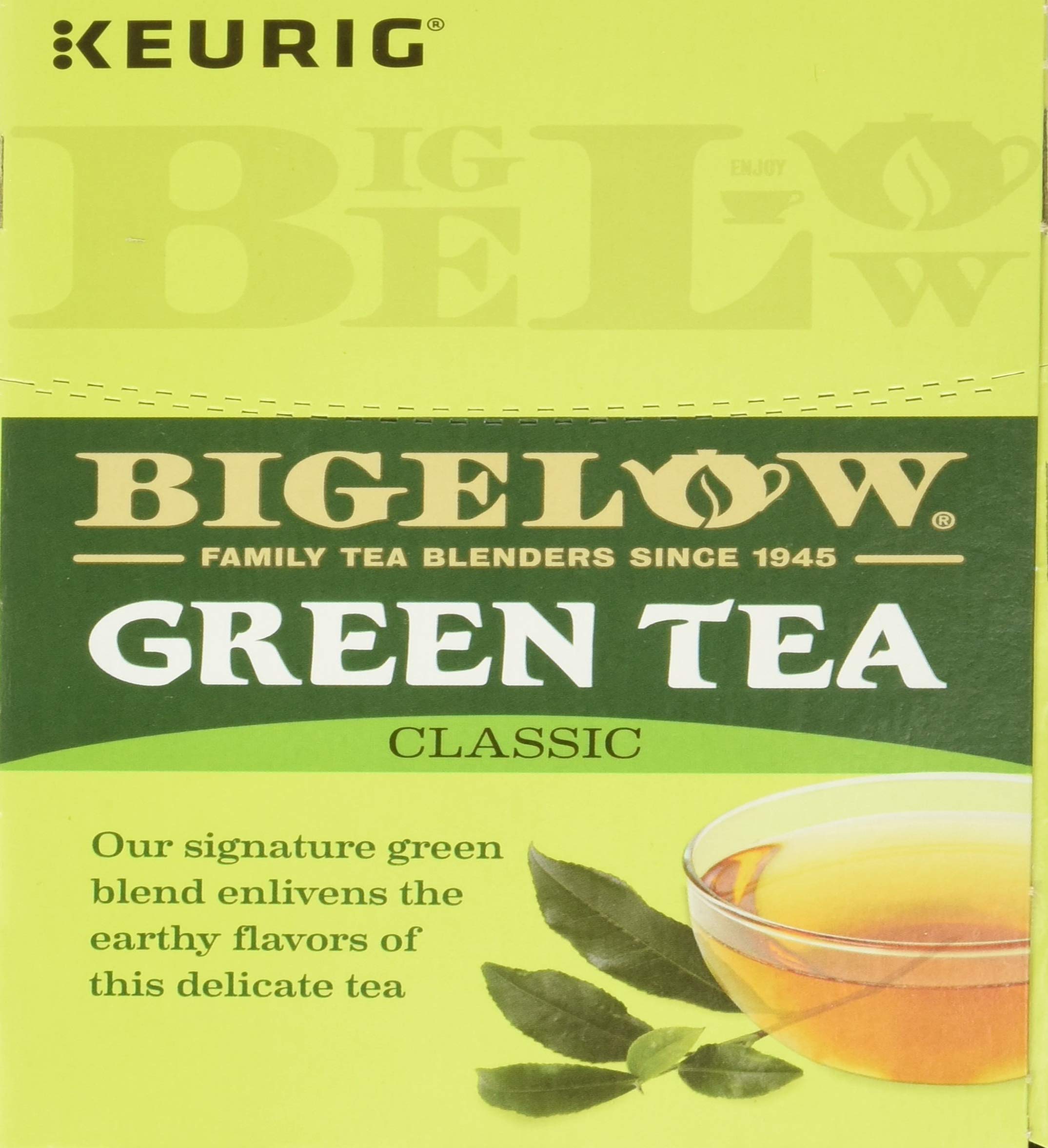 Bigelow Tea display image, box and pods arranged for shoppers.
