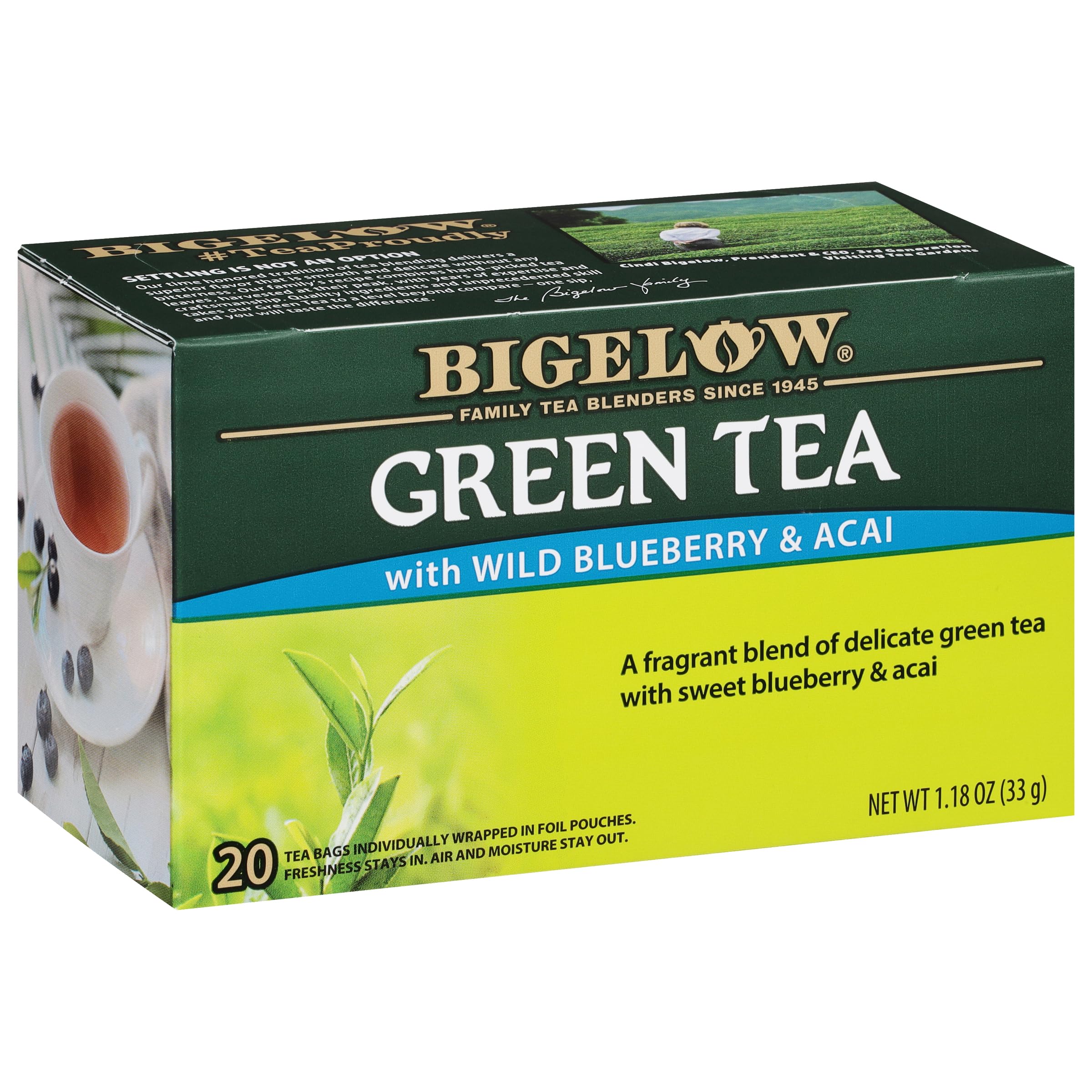 Bigelow Green Tea with Wild Blueberry and Acai tea bags deliver fruity aroma.