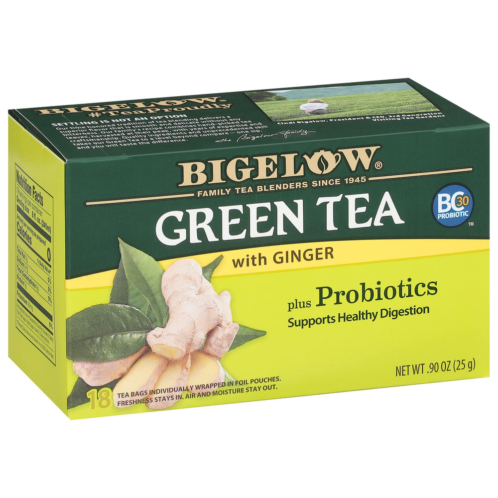 Bigelow Green Tea with Ginger Probiotics tea bag promoting a digestion‑supporting ritual.