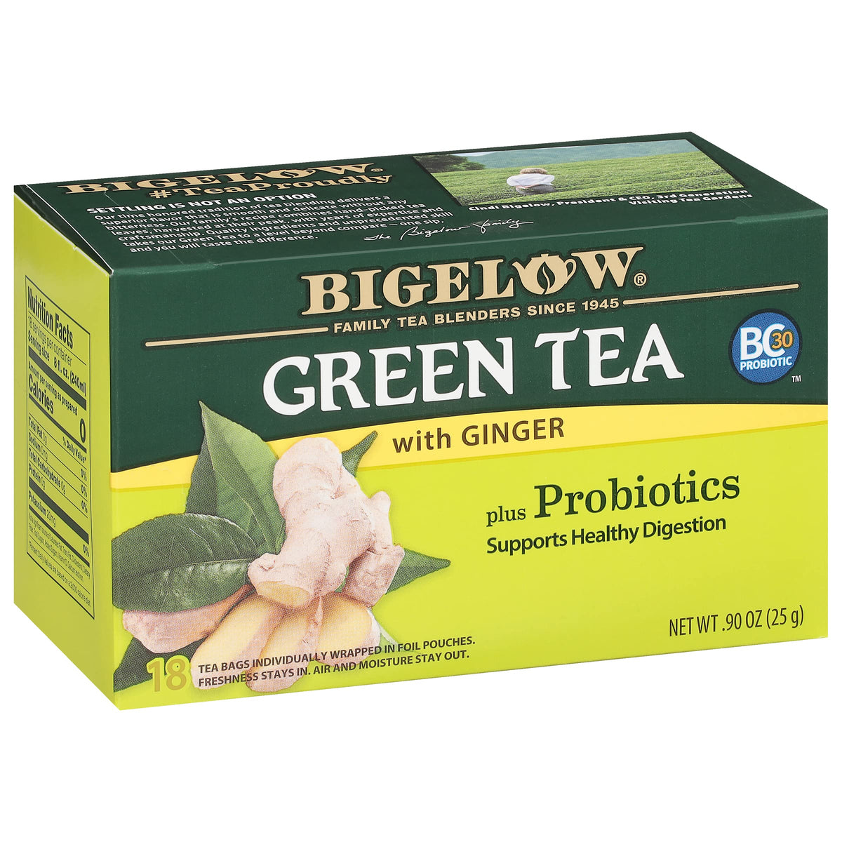 Bigelow Green Tea with Ginger Probiotics tea bag promoting a digestion‑supporting ritual.