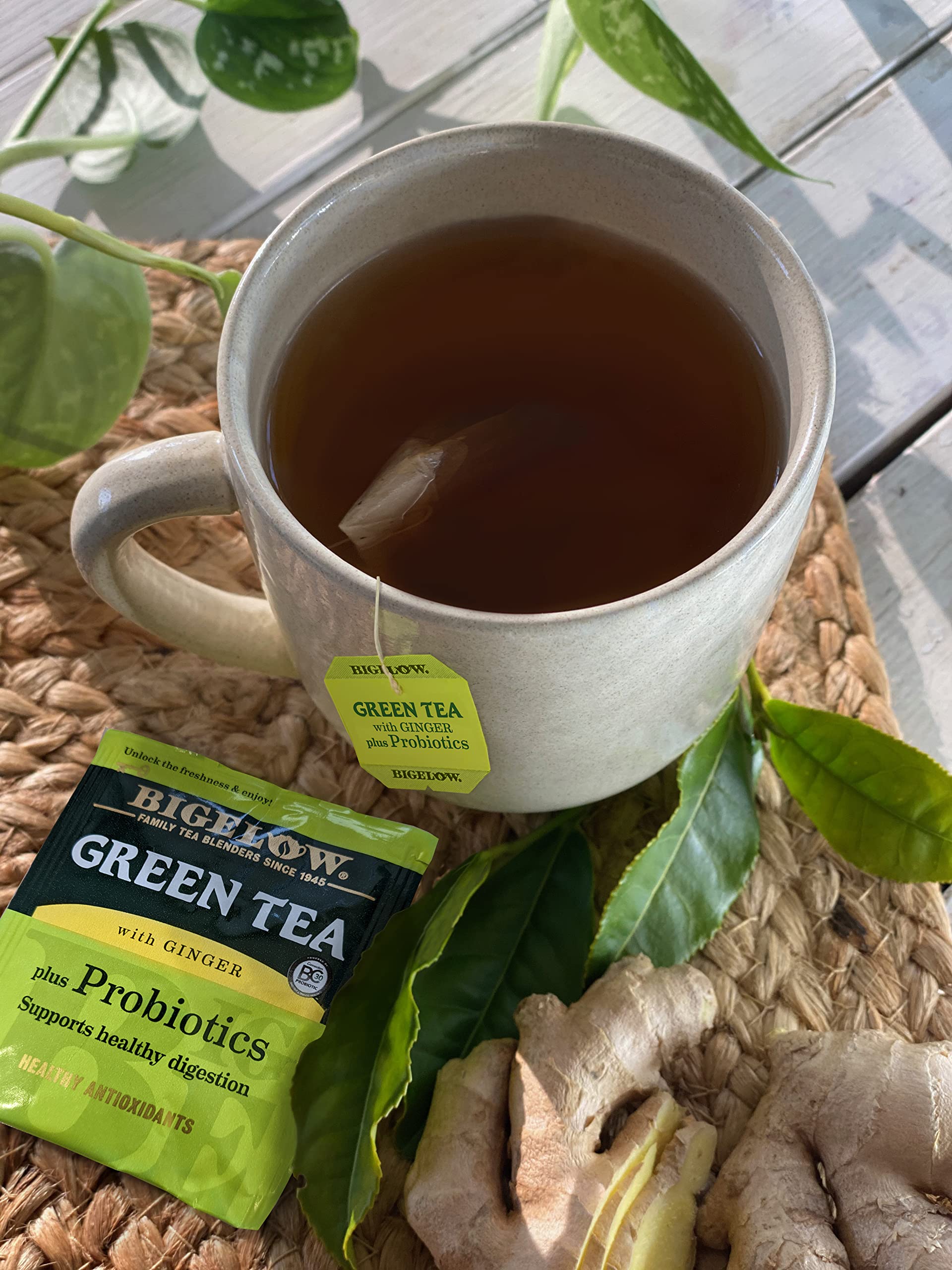 Bigelow Green Tea with Ginger Probiotics steeping cup ready for a soothing brew.