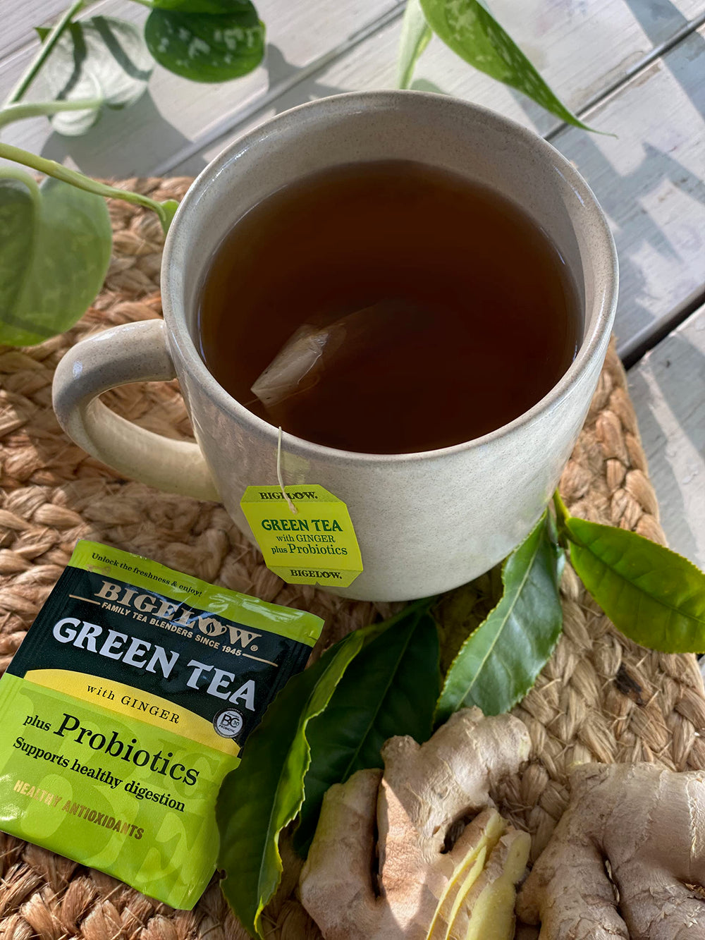 Bigelow Green Tea with Ginger Probiotics steeping cup ready for a soothing brew.