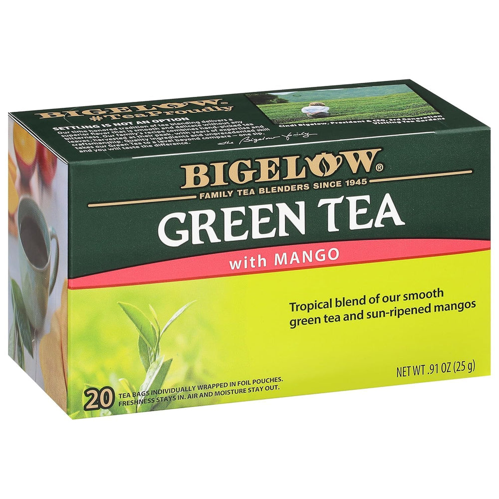 Bigelow Green Tea with Mango tea bags highlight the mango-infused blend for refreshing moments.