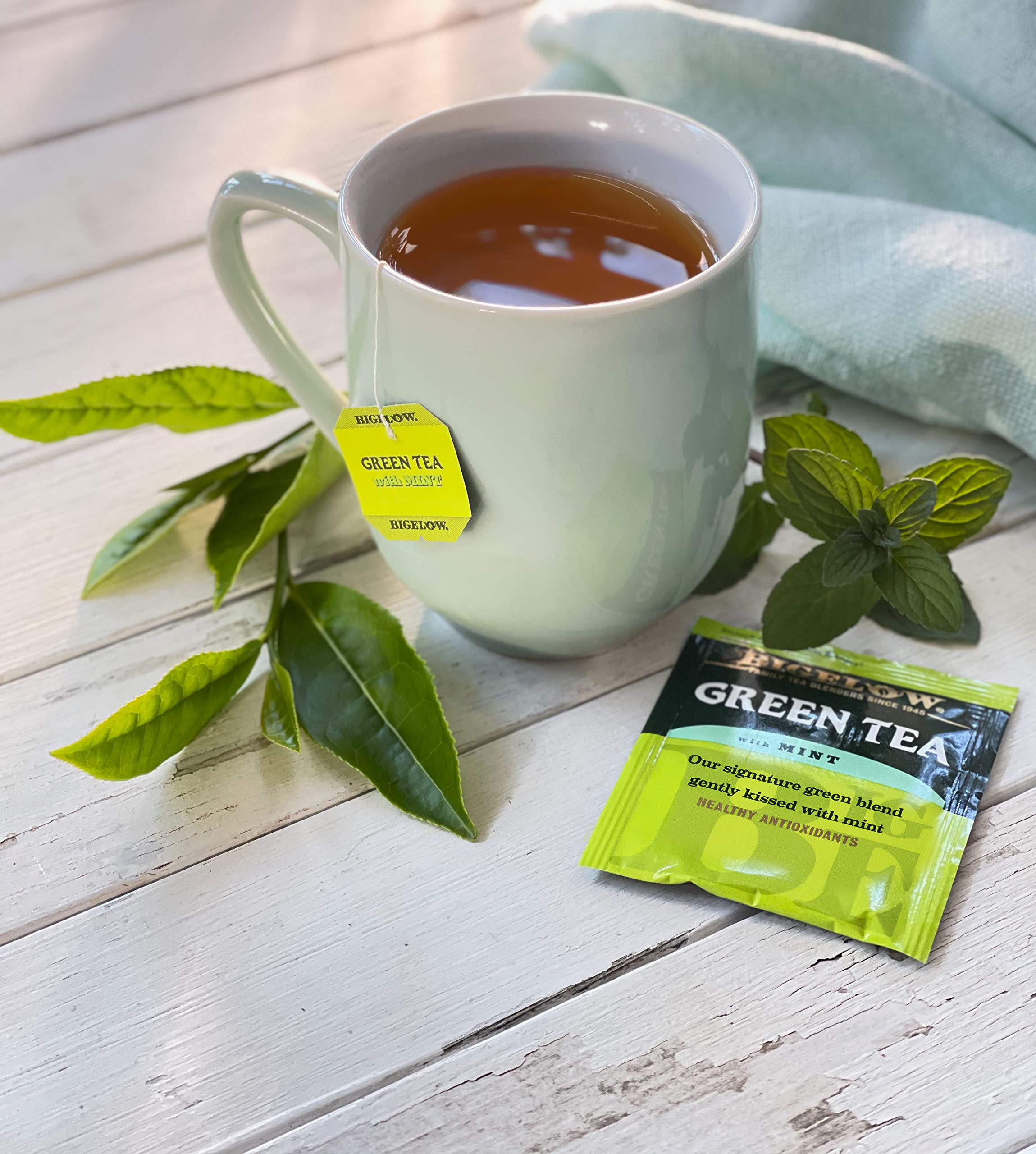 Mint leaves close up highlighting fresh aroma for Bigelow Green Tea with Mint.