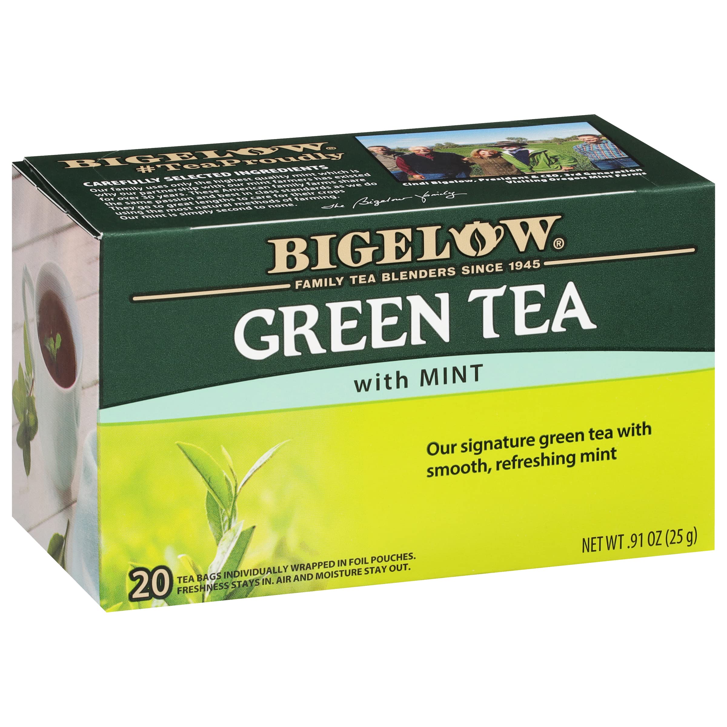 Bigelow Green Tea with Mint tea bags ready to brew.