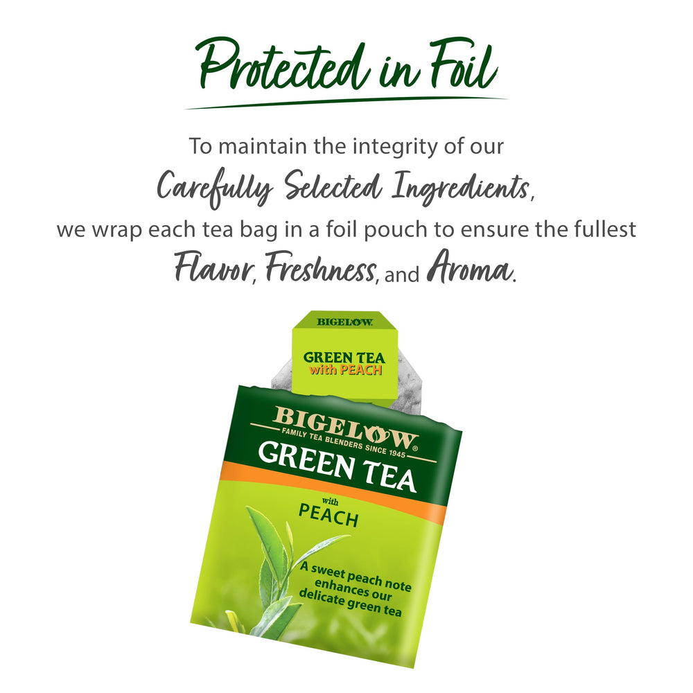 Bigelow Green Tea with Peach foil-wrapped bags emphasizing peak flavor and aroma.
