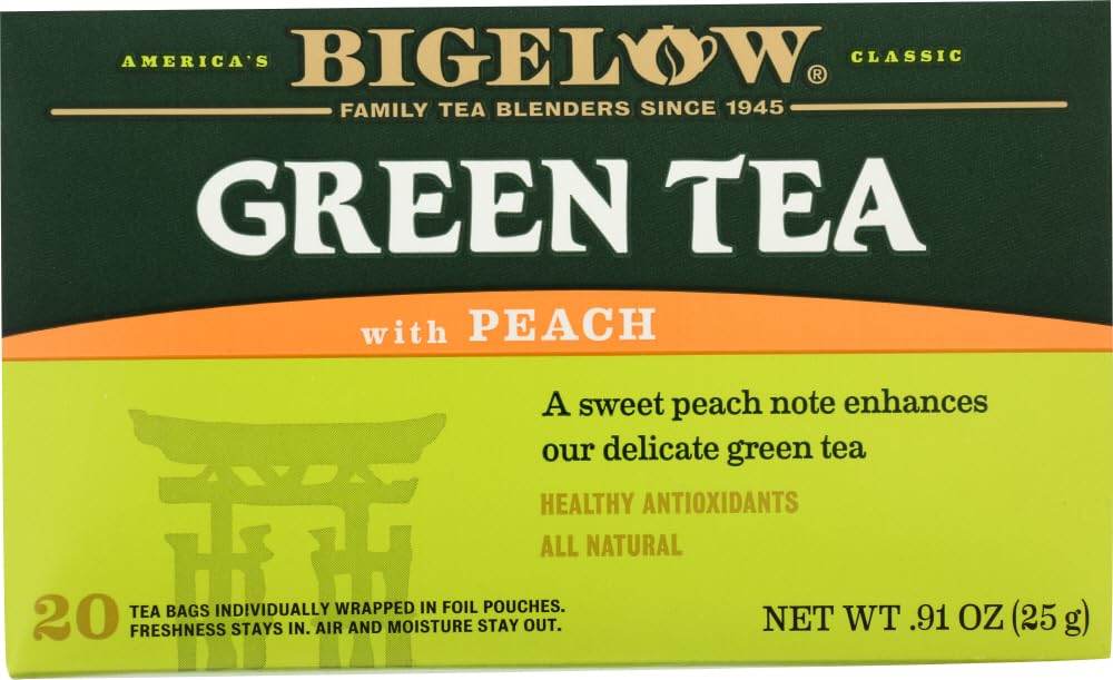 Bigelow Green Tea with Peach tea bags ready for a refreshing daily ritual