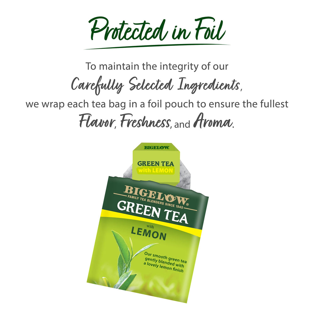 Bigelow Green with Lemon tea bags closeup showing sealed freshness