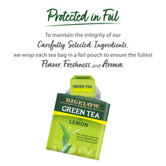 Bigelow Green with Lemon tea bags closeup showing sealed freshness