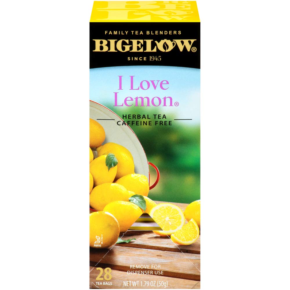 Bigelow I Love Lemon tea bag closeup highlights bright citrus flavor for a refreshing moment
