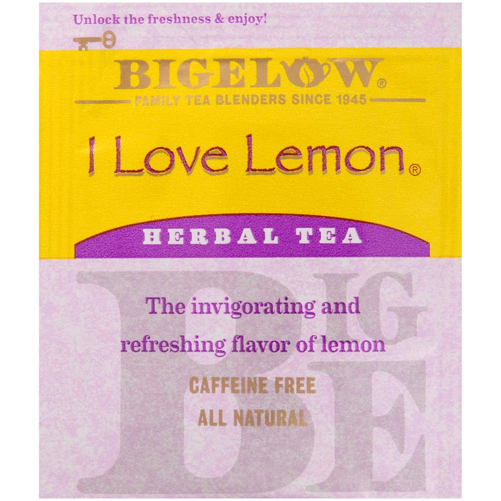 Bigelow I Love Lemon brew cup image suggests a sunny, uplifting cup of tea