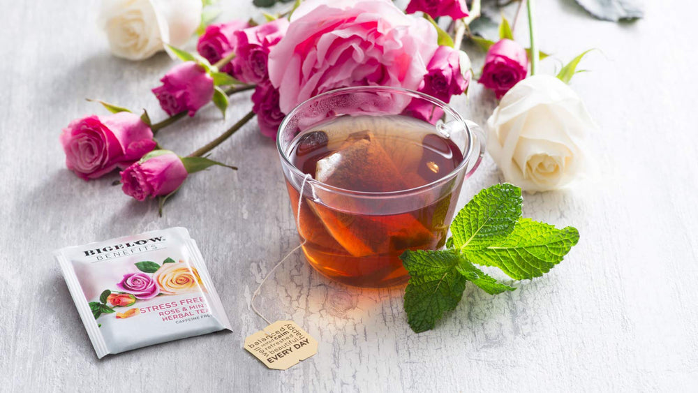 Individually wrapped Bigelow tea bags ready for travel or office use