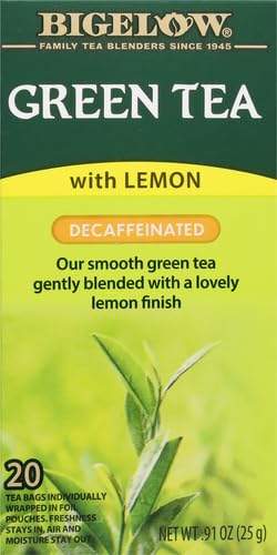 Cup-ready Bigelow Lemon Decaf Green Tea sachets for a relaxing moment.