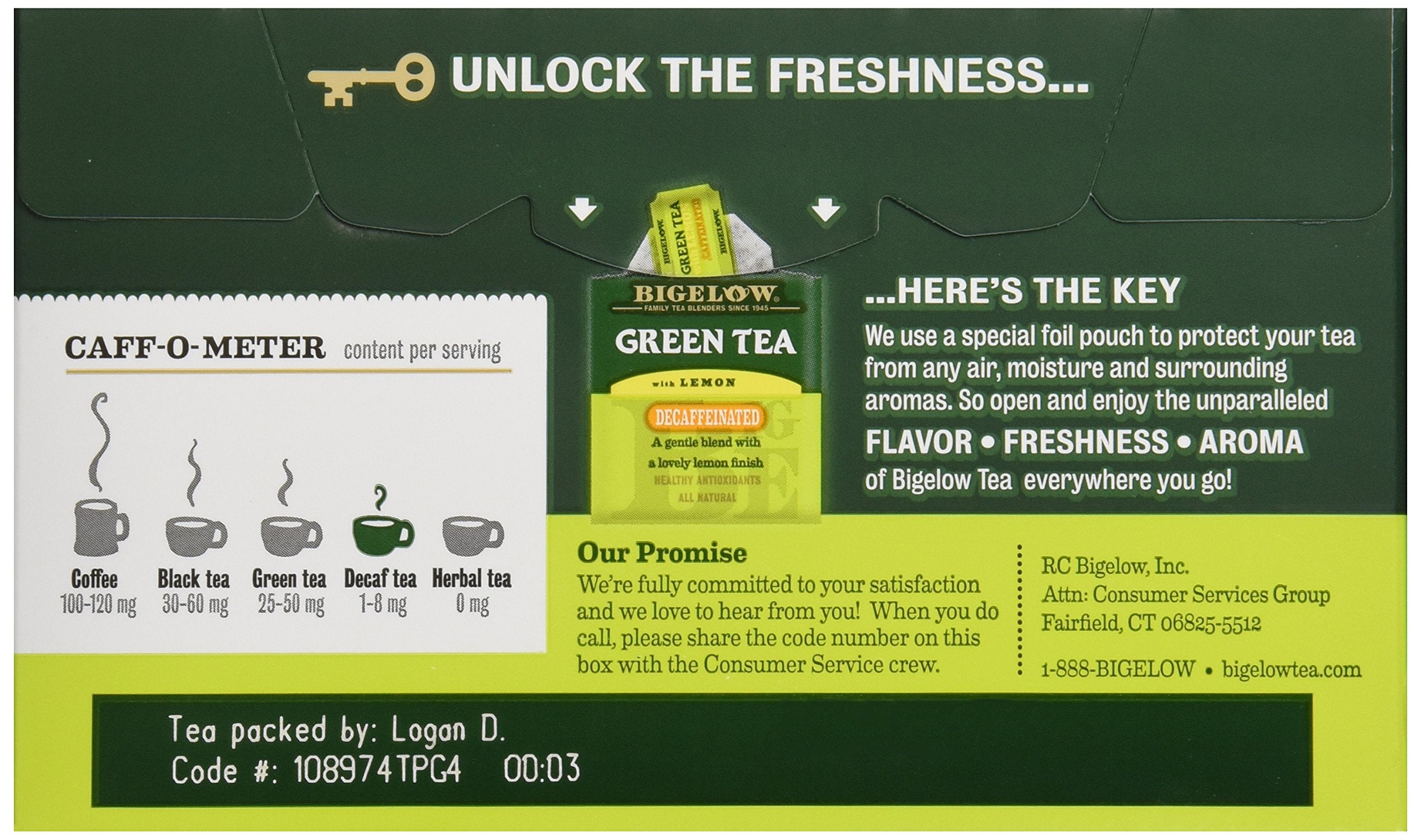 Sachets from Bigelow Lemon Decaf Green Tea arranged for easy steeping.
