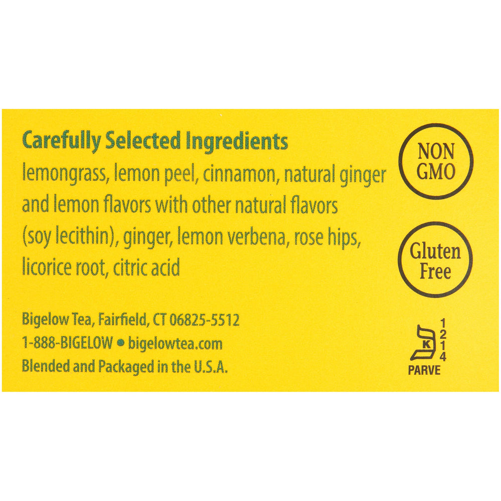 Bigelow Lemon Ginger tea box side highlighting 28-count supply for convenient daily use