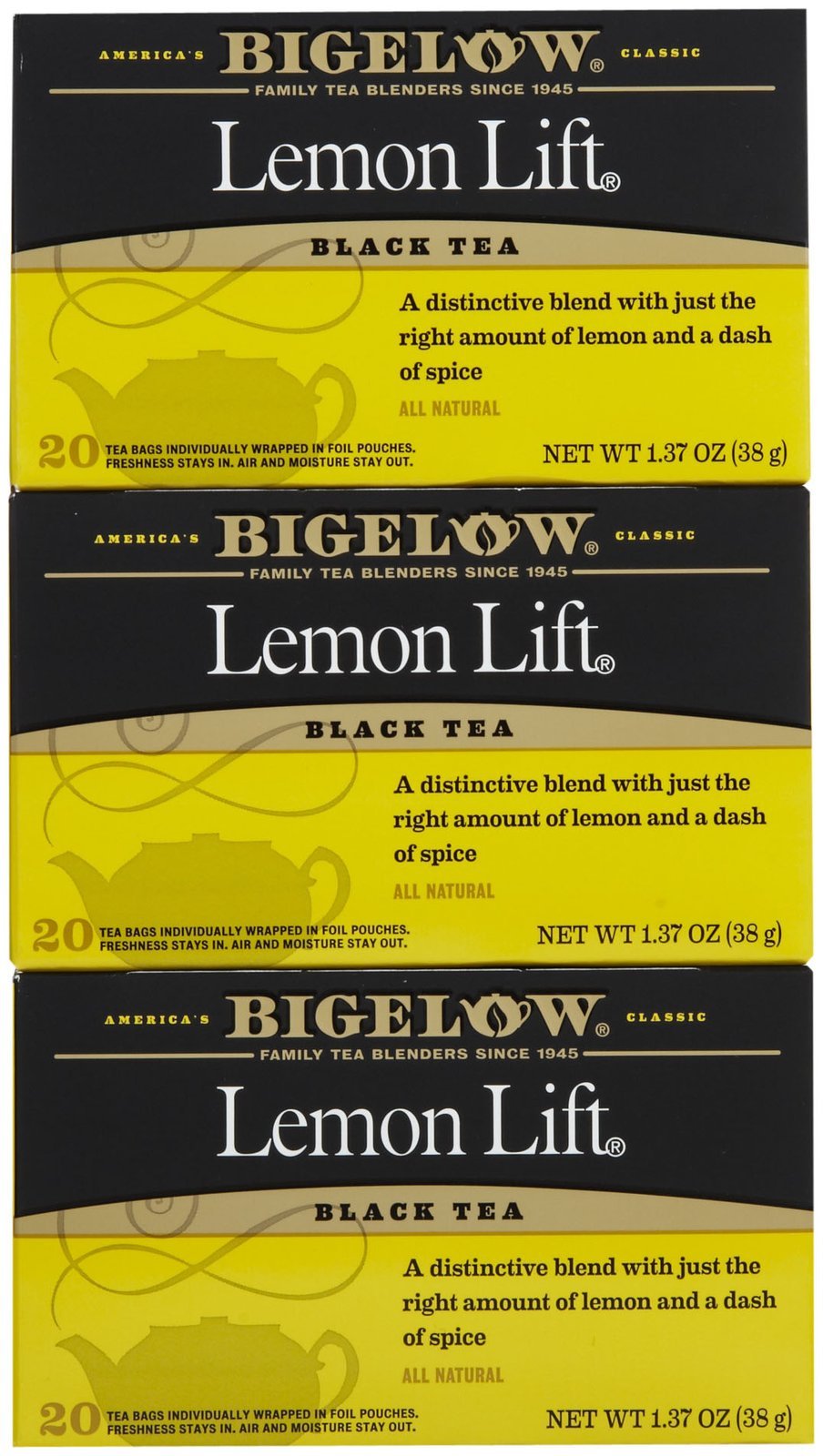 Bigelow Lemon Lift tea bags in a box for bright flavor and daily refreshment.