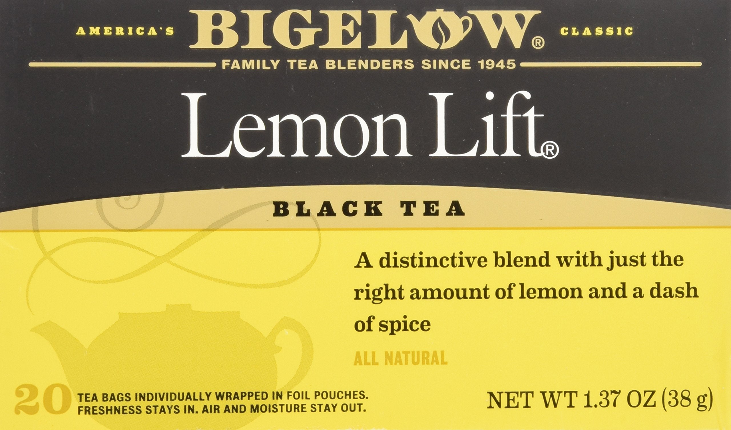Bigelow Lemon Lift Tea bags provide a zesty, gluten-free refreshment for any time of day