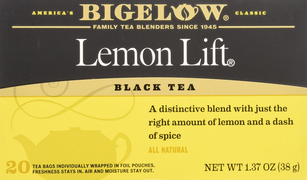 Bigelow Lemon Lift Tea bags provide a zesty, gluten-free refreshment for any time of day