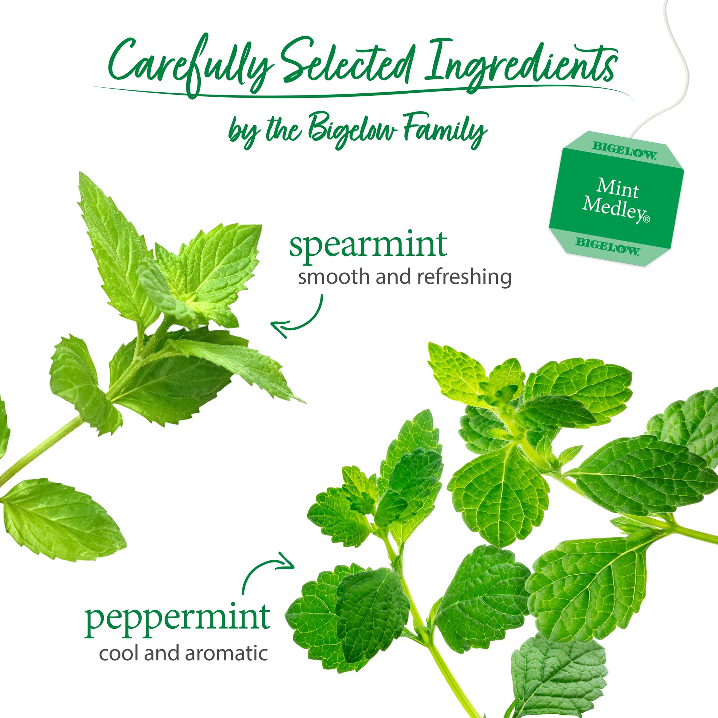 Bigelow Mint Medley foil-wrapped tea bags preserve peak flavor and aroma.