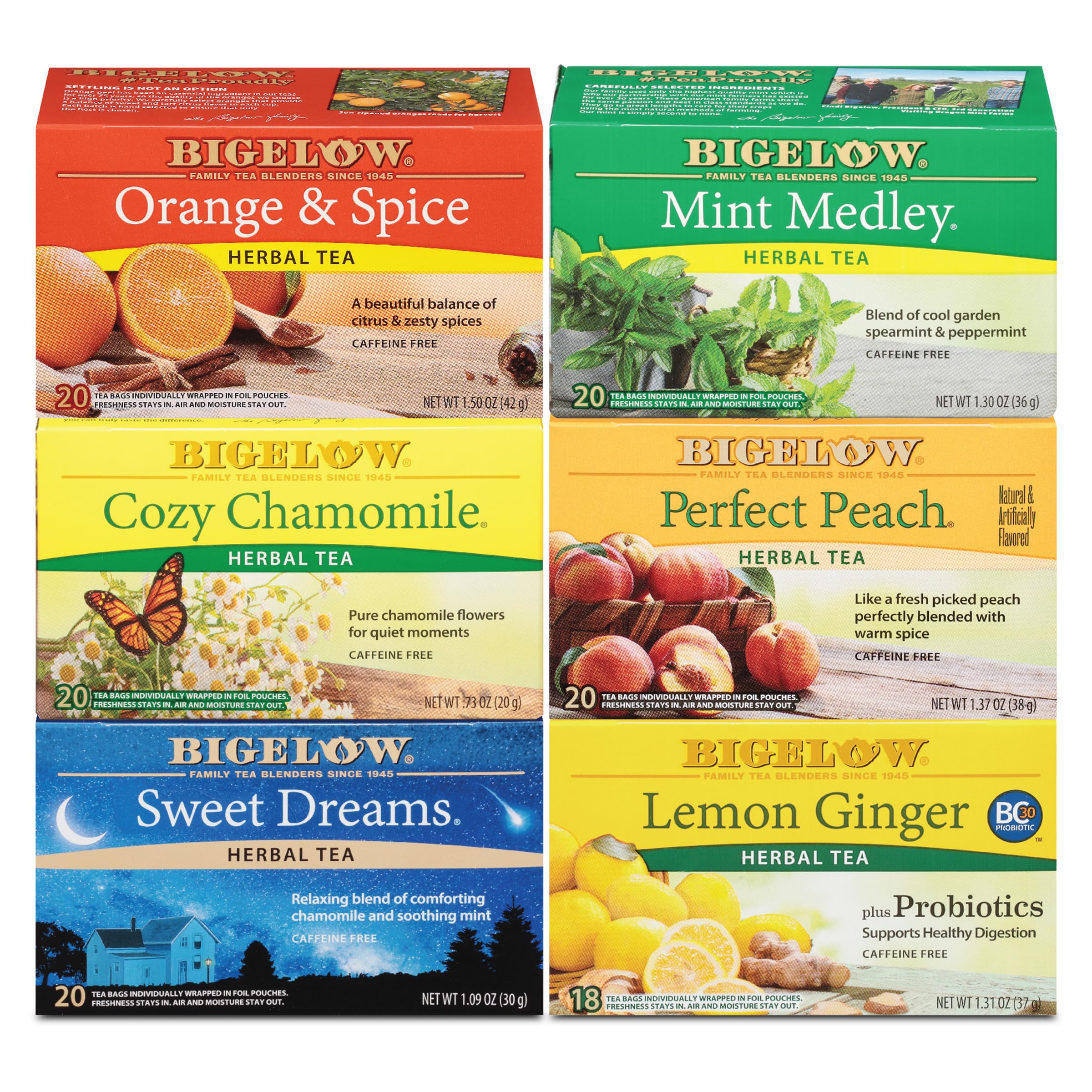 Bigelow Mint Medley tea bags for caffeine-free refreshment anytime.