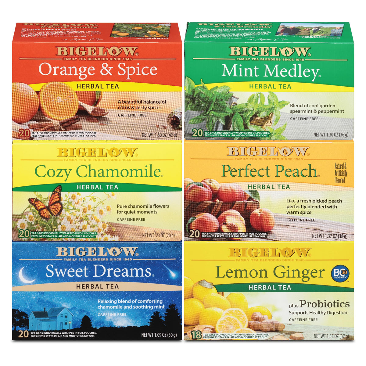 Bigelow Mint Medley tea bags for caffeine-free refreshment anytime.