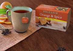 A cup steeping with Bigelow Orange & Spice reveals bright citrus notes for relaxing moments.