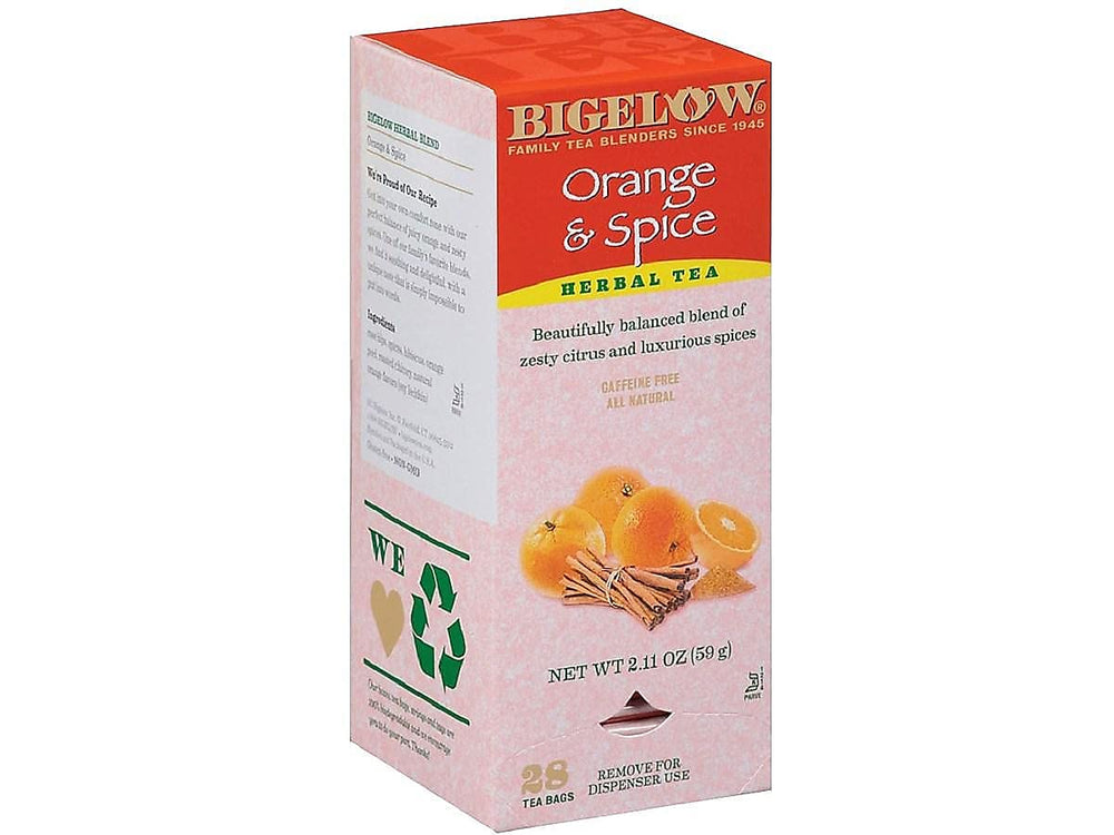 Bigelow Orange and Spice Herbal Tea steeping cup reveals a warm amber brew.