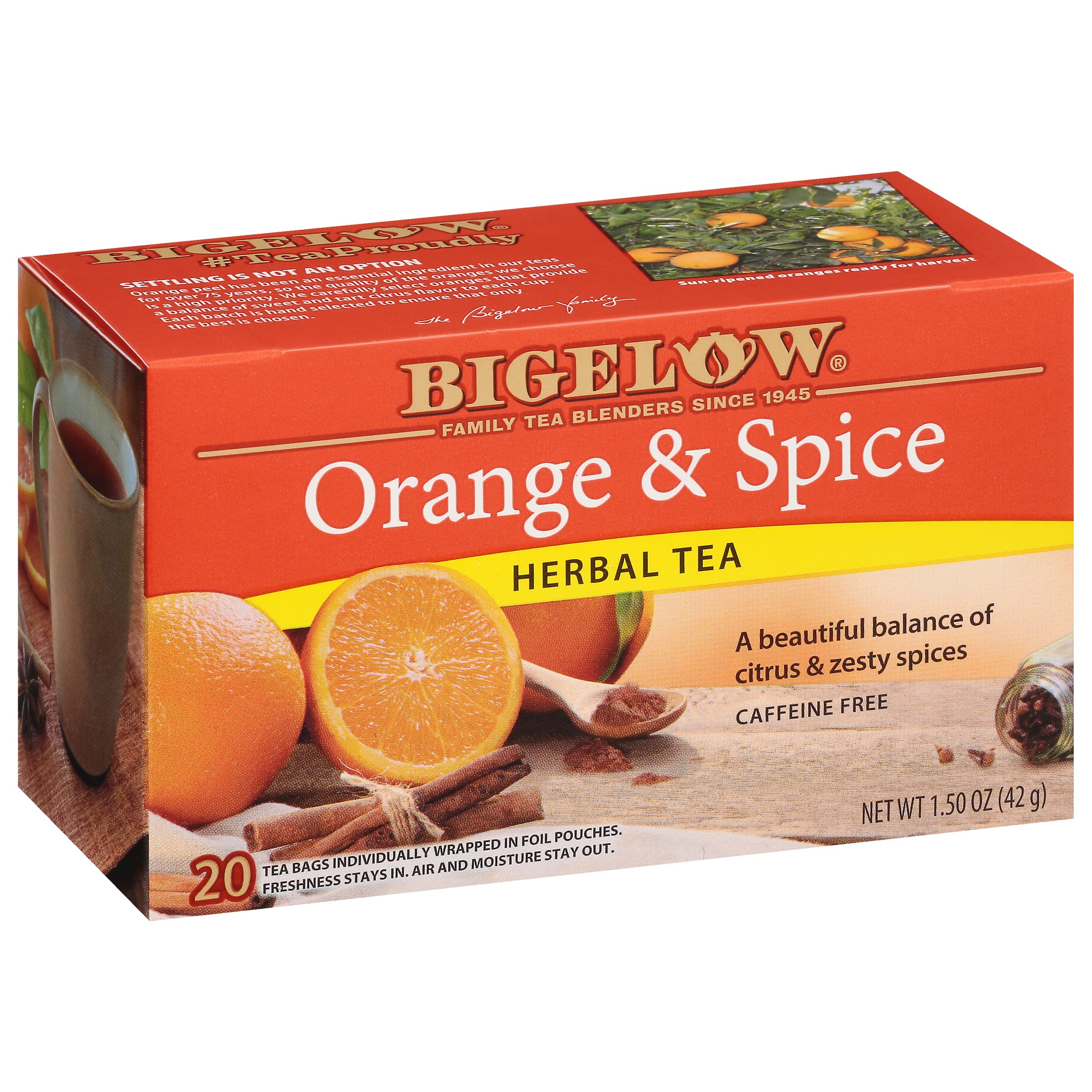 Bigelow Orange & Spice Herbal Tea bags in a box offer caffeine-free refreshment.