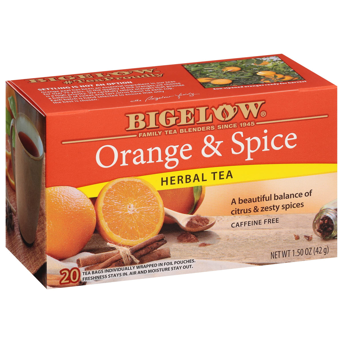 Bigelow Orange & Spice Herbal Tea bags in a box offer caffeine-free refreshment.