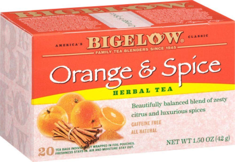Bigelow Orange and Spice Tea pack-2 bags, naturally caffeine-free and gluten-free.