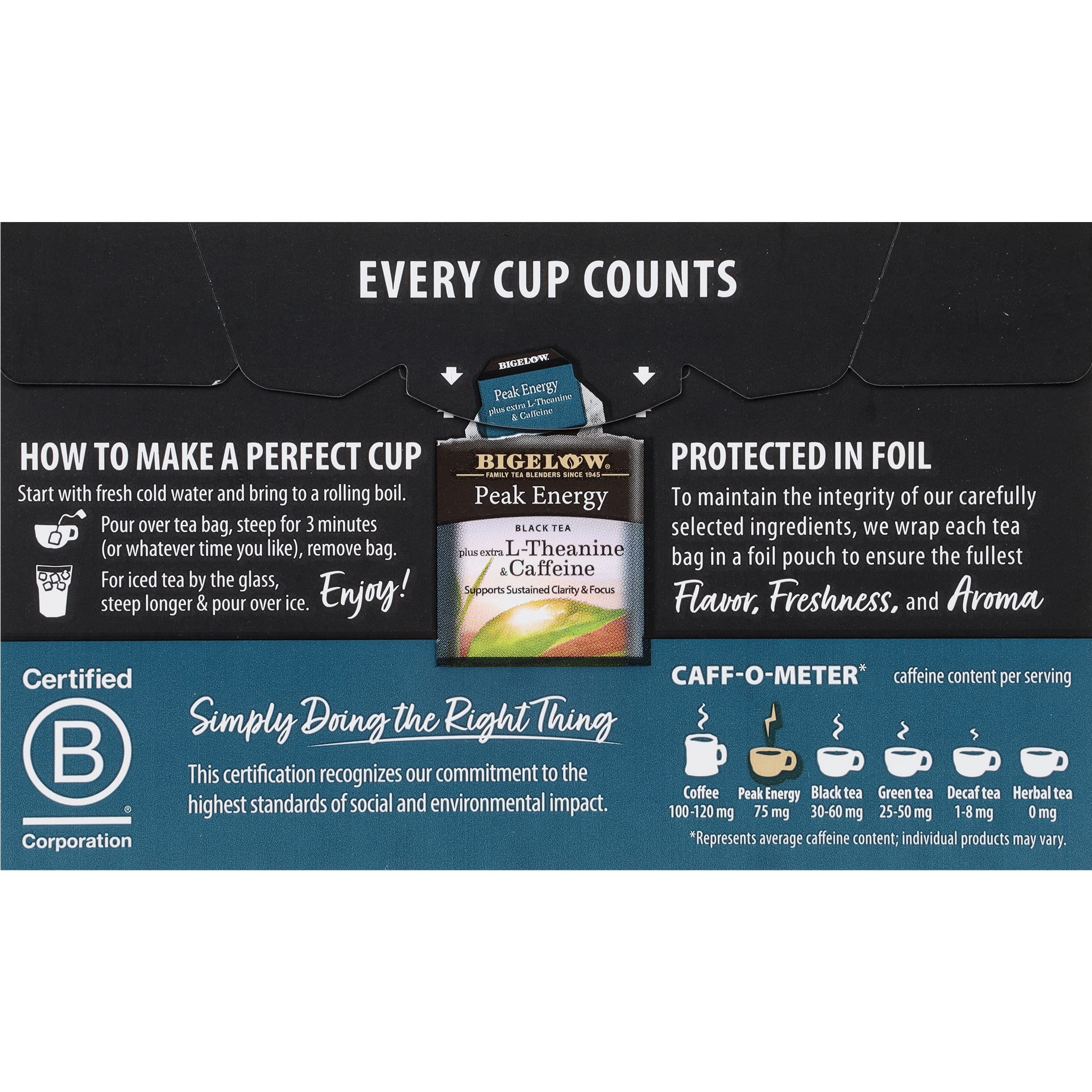 Bigelow Peak Energy morning brew in a cup setup.