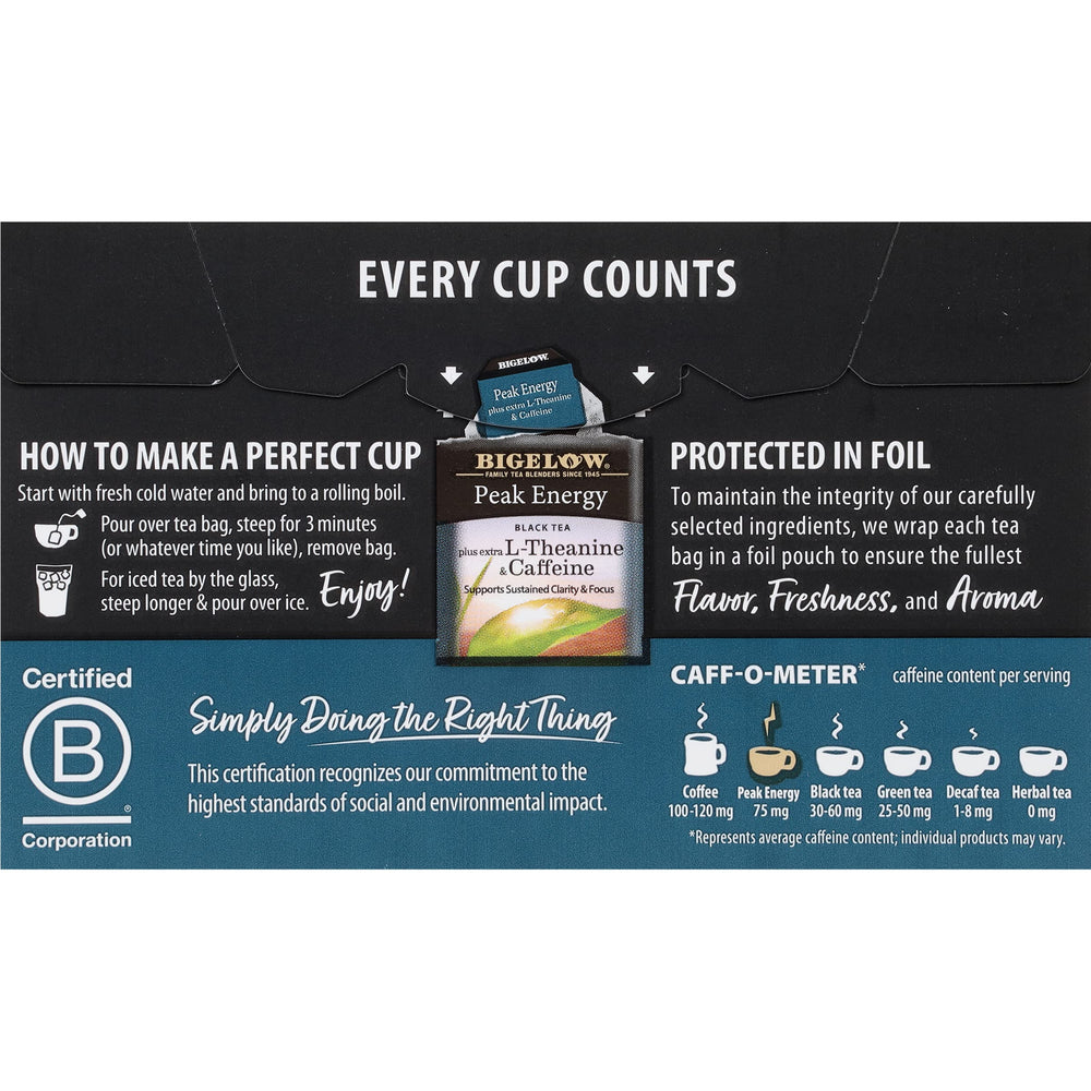Bigelow Peak Energy morning brew in a cup setup.