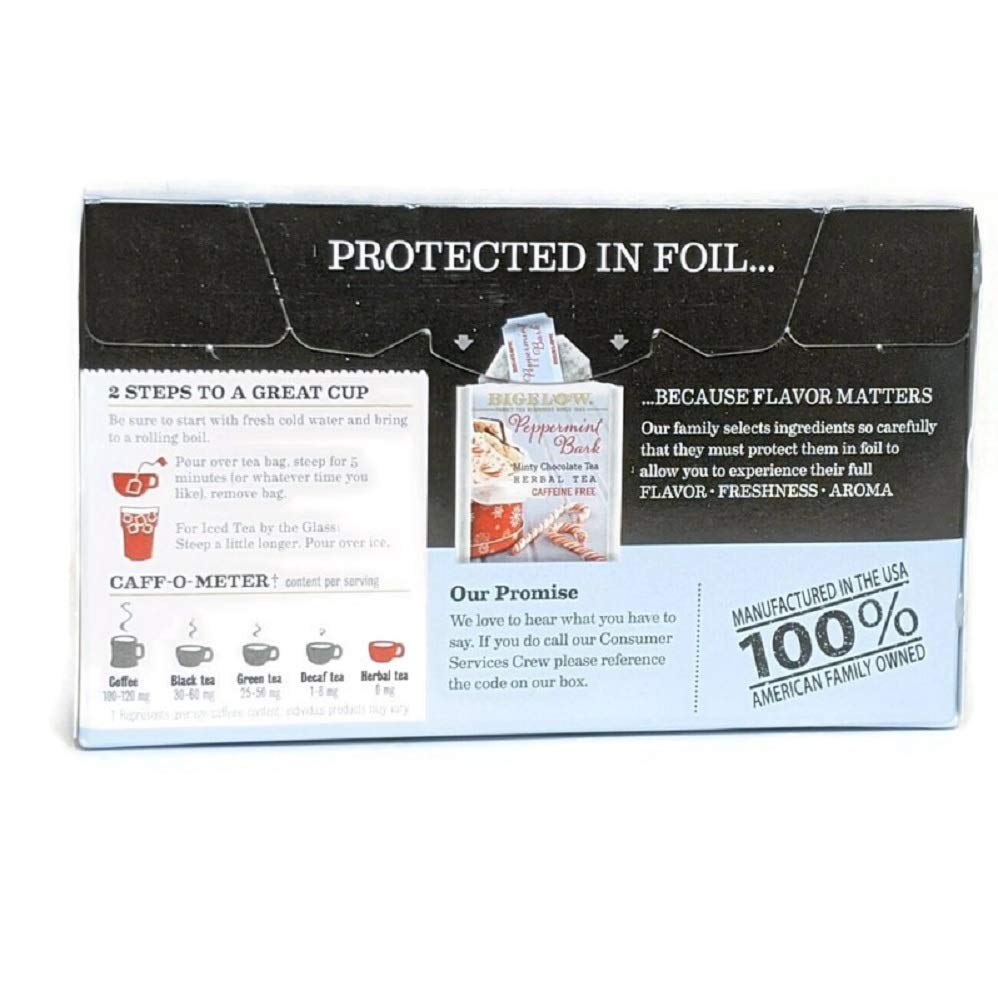 Bigelow Peppermint Bark Mint Chocolate tea bags in pack—easy daily ritual.