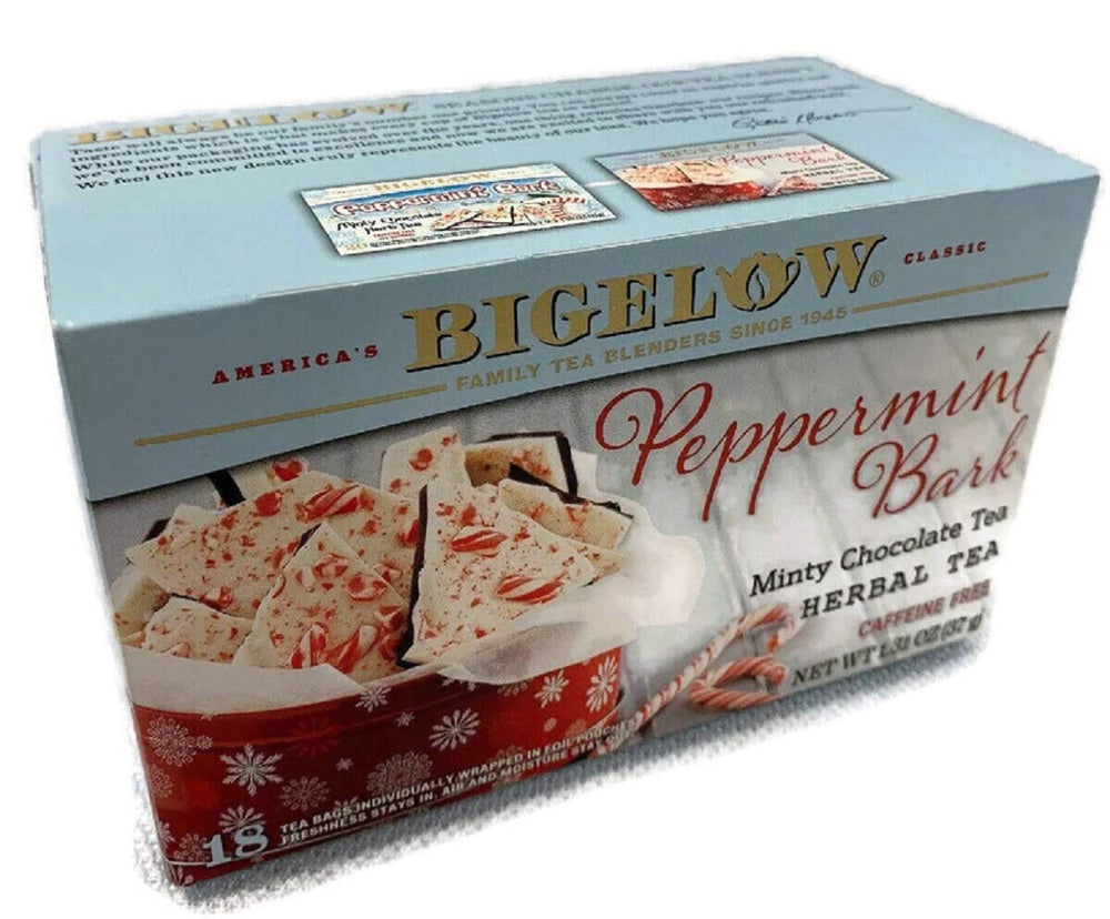 Bigelow Peppermint Bark Mint Chocolate pack on shelf—giftable cozy treat.
